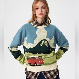 Cider Volkswagen VW Mountain Scene Stretchy Knit Long Sleeve Sweater